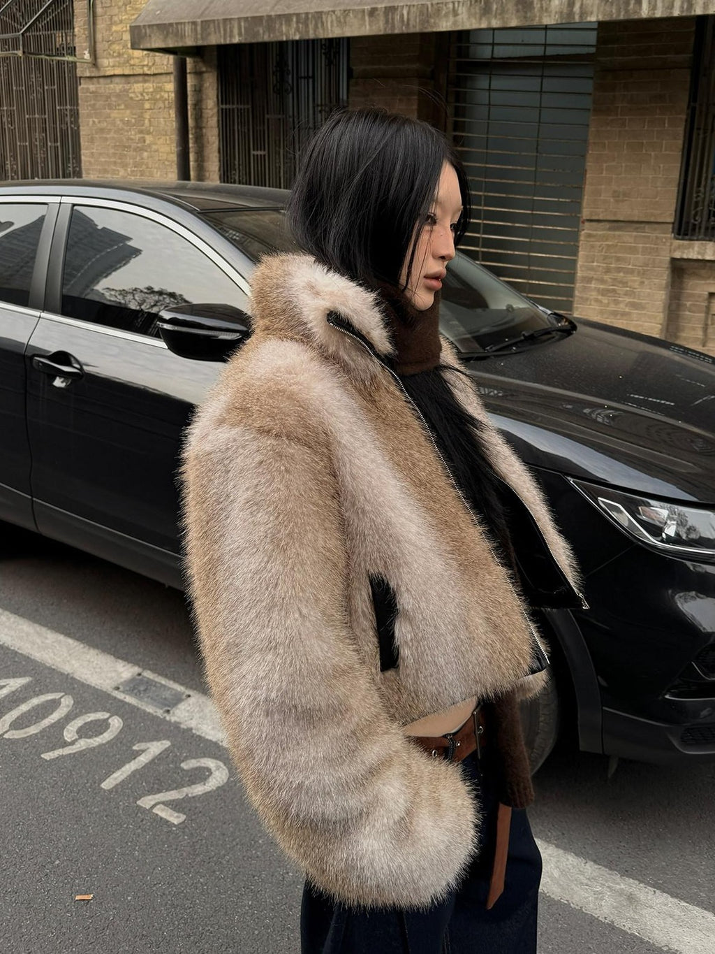 Fanptntox Light Brown Scenic Print Short Zip Plush Hooded Women's Plush Faux Fur Coats