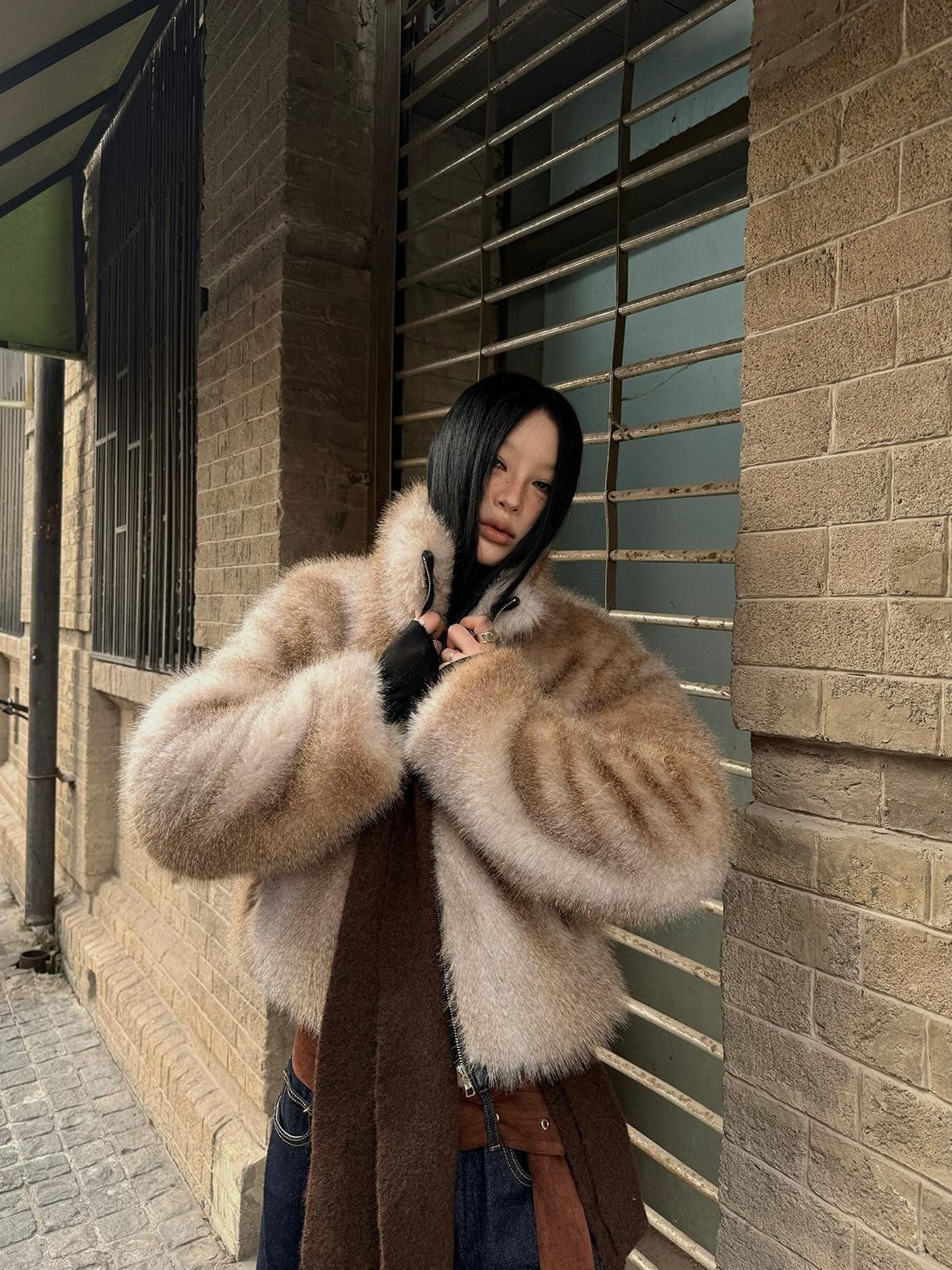 Fanptntox Light Brown Scenic Print Short Zip Plush Hooded Women's Plush Faux Fur Coats