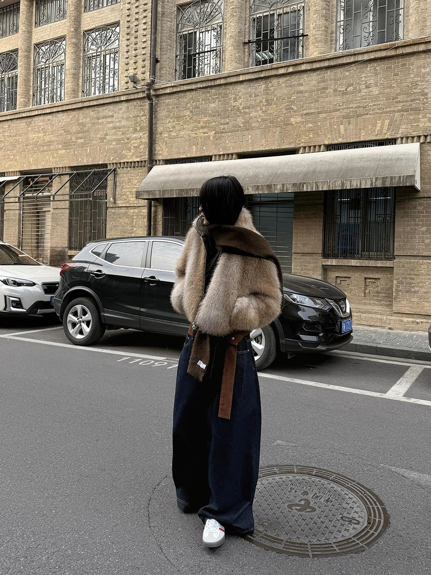 Fanptntox Light Brown Scenic Print Short Zip Plush Hooded Women's Plush Faux Fur Coats