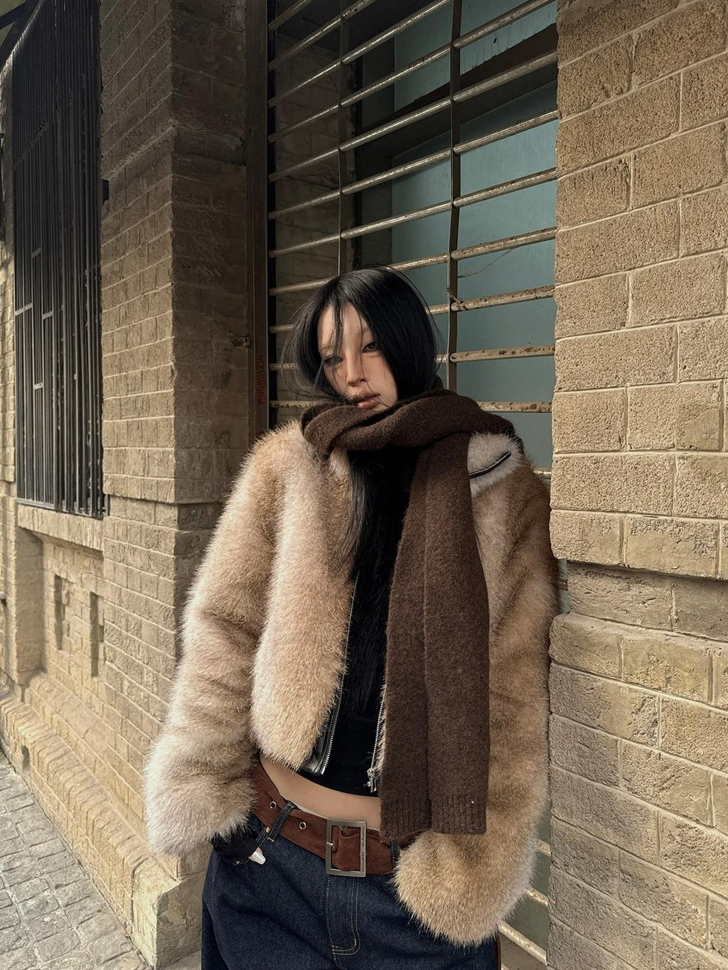 Fanptntox Light Brown Scenic Print Short Zip Plush Hooded Women's Plush Faux Fur Coats