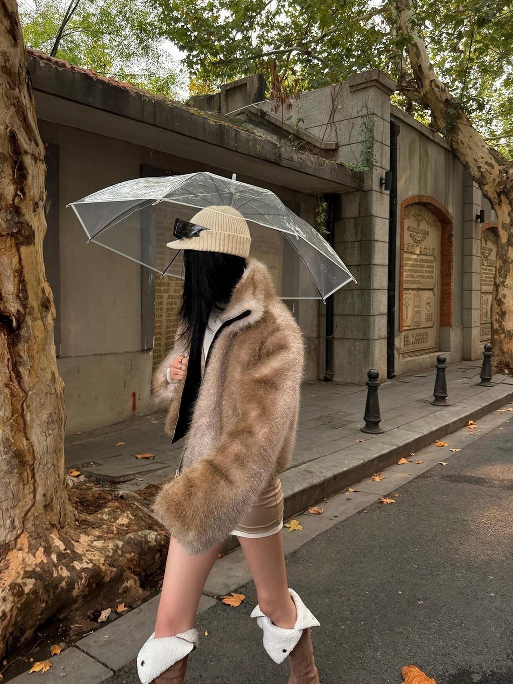 Fanptntox Light Brown Scenic Print Short Zip Plush Hooded Women's Plush Faux Fur Coats