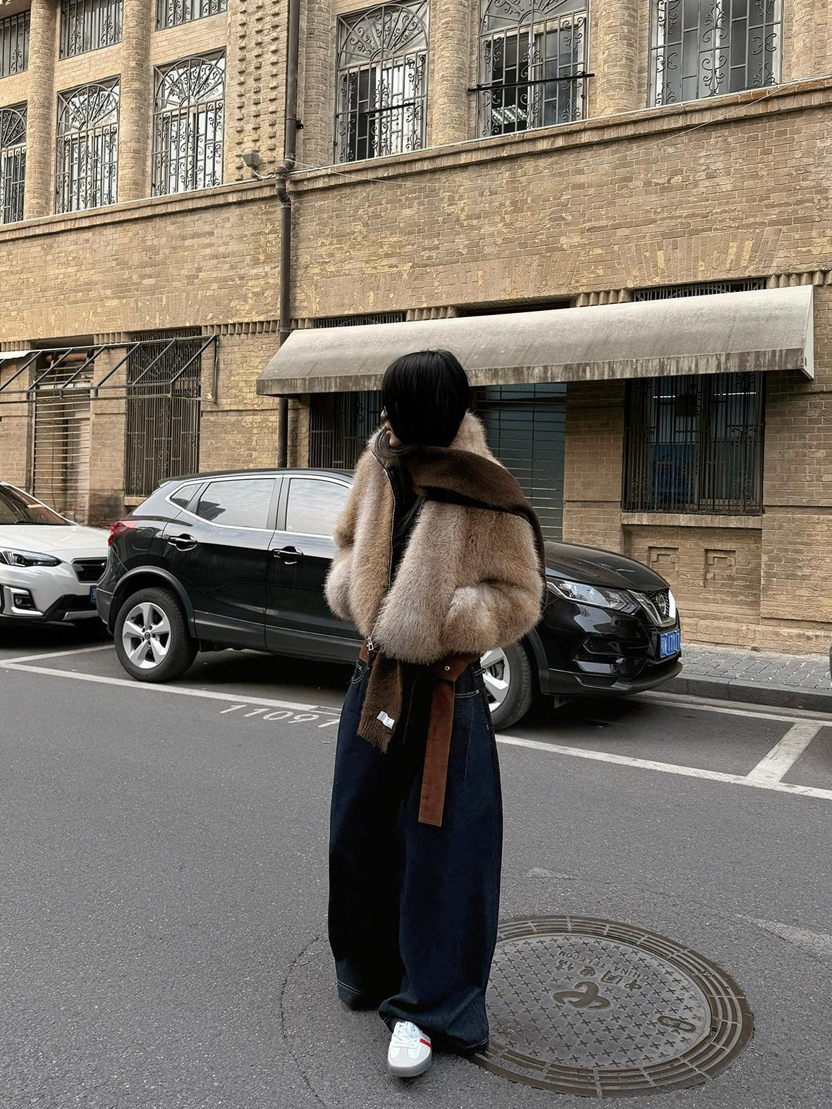 Fanptntox Light Brown Scenic Print Short Zip Plush Hooded Women's Plush Faux Fur Coats