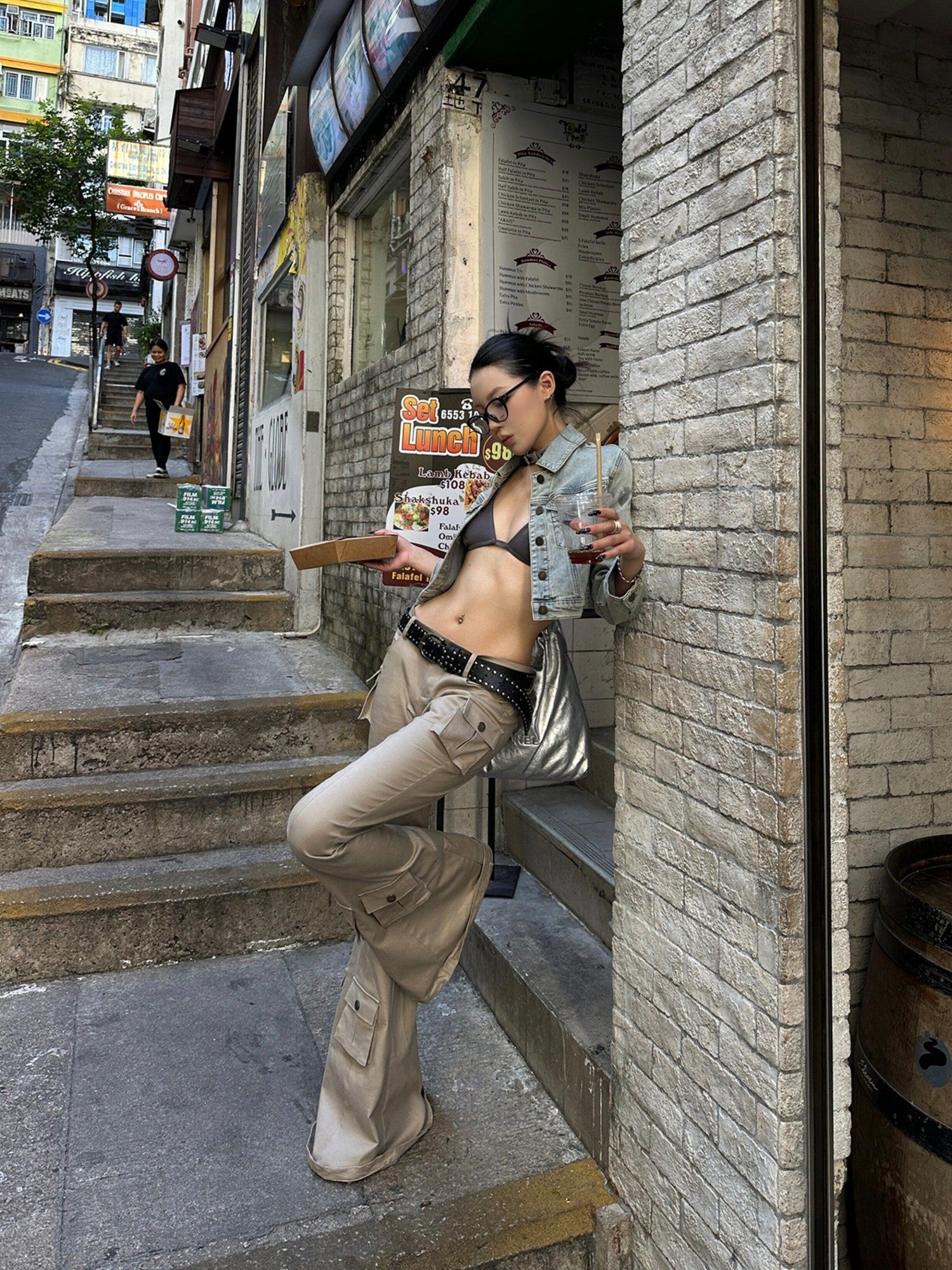 Fanptntox Light Coffee Low Rise Cargo Pocket Micro Flare Women's Cotton Blend Flare Pants