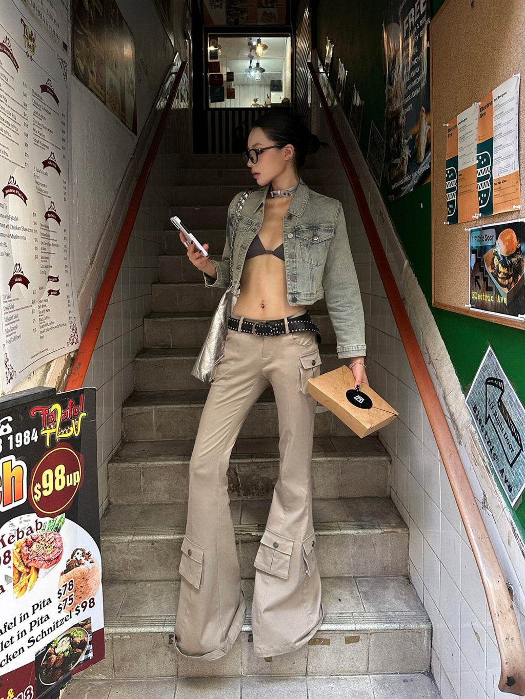 Fanptntox Light Coffee Low Rise Cargo Pocket Micro Flare Women's Cotton Blend Flare Pants
