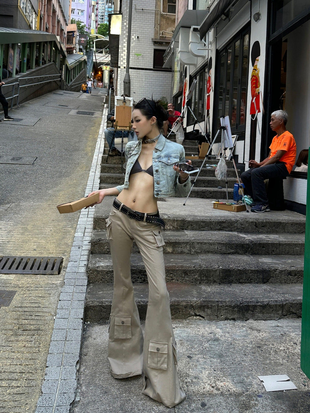 Fanptntox Light Coffee Low Rise Cargo Pocket Micro Flare Women's Cotton Blend Flare Pants