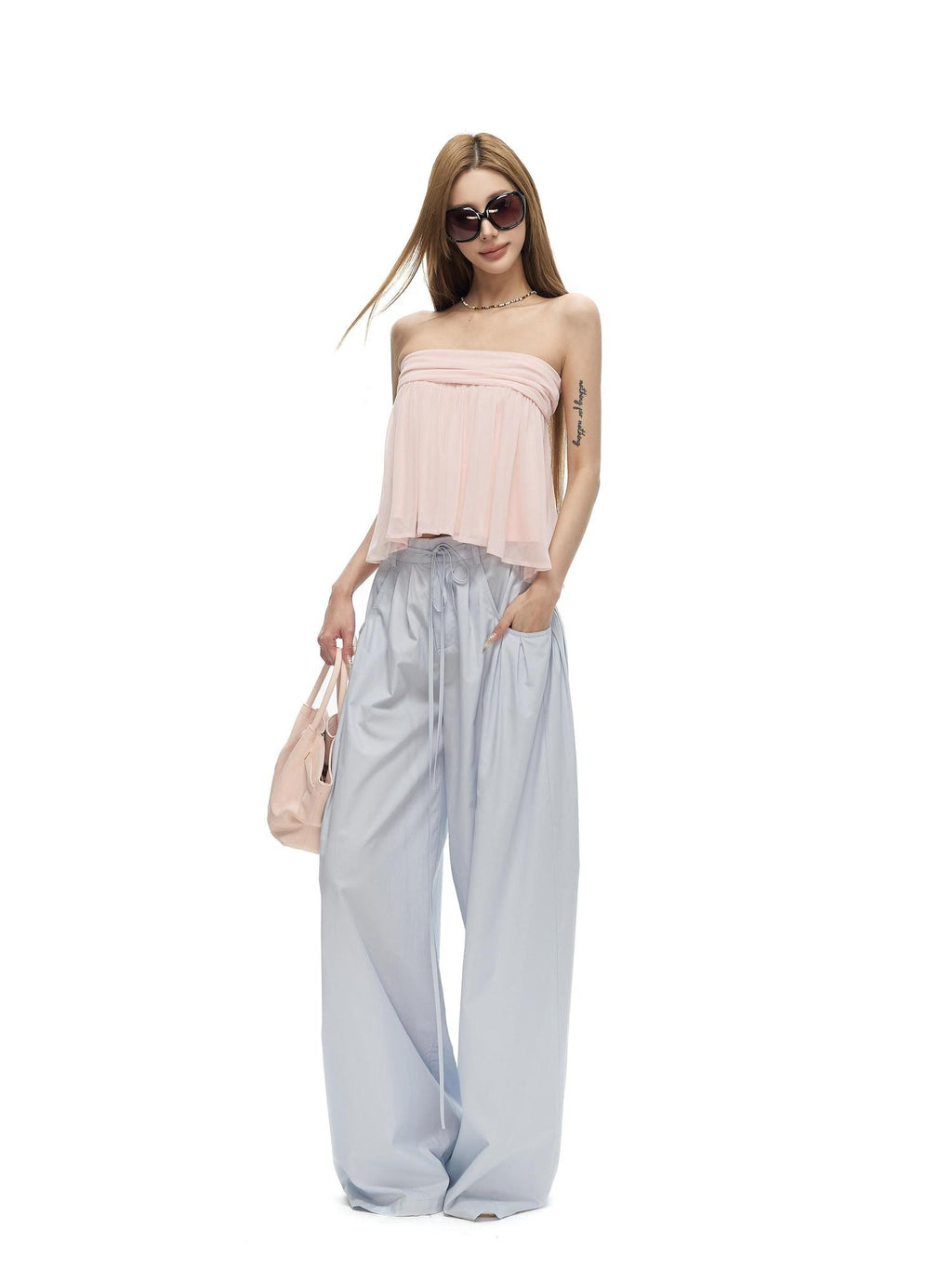 Fanptntox Light Pink Gathered Double Layer Knit Cropped Women's Nylon Ruched Tube Tops