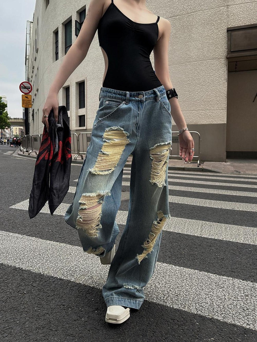 Fanptntox Light Wash Vintage Ripped High Waist Women's Denim Wide-leg Jeans