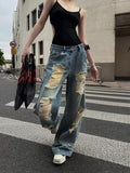 Fanptntox Light Wash Vintage Ripped High Waist Women's Denim Wide-leg Jeans