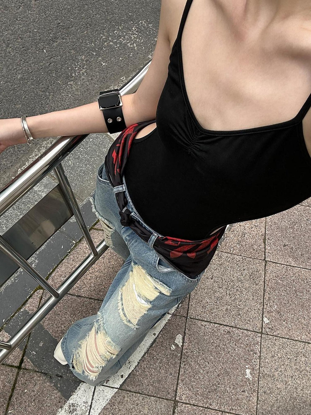 Fanptntox Light Wash Vintage Ripped High Waist Women's Denim Wide-leg Jeans