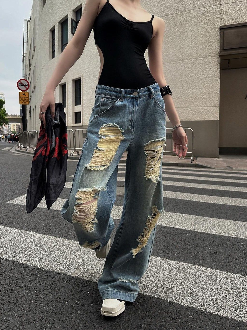 Fanptntox Light Wash Vintage Ripped High Waist Women's Denim Wide-leg Jeans