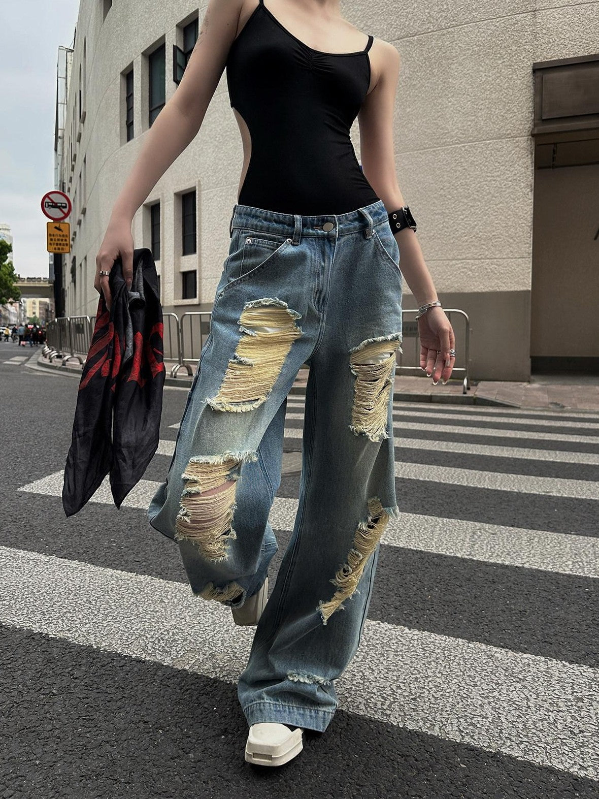Fanptntox Light Wash Vintage Ripped High Waist Women's Denim Wide-leg Jeans