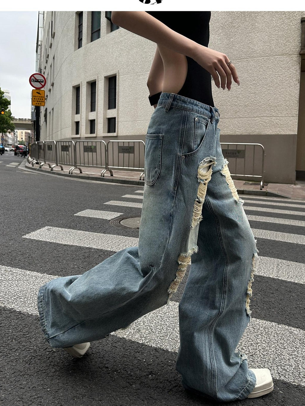 Fanptntox Light Wash Vintage Ripped High Waist Women's Denim Wide-leg Jeans