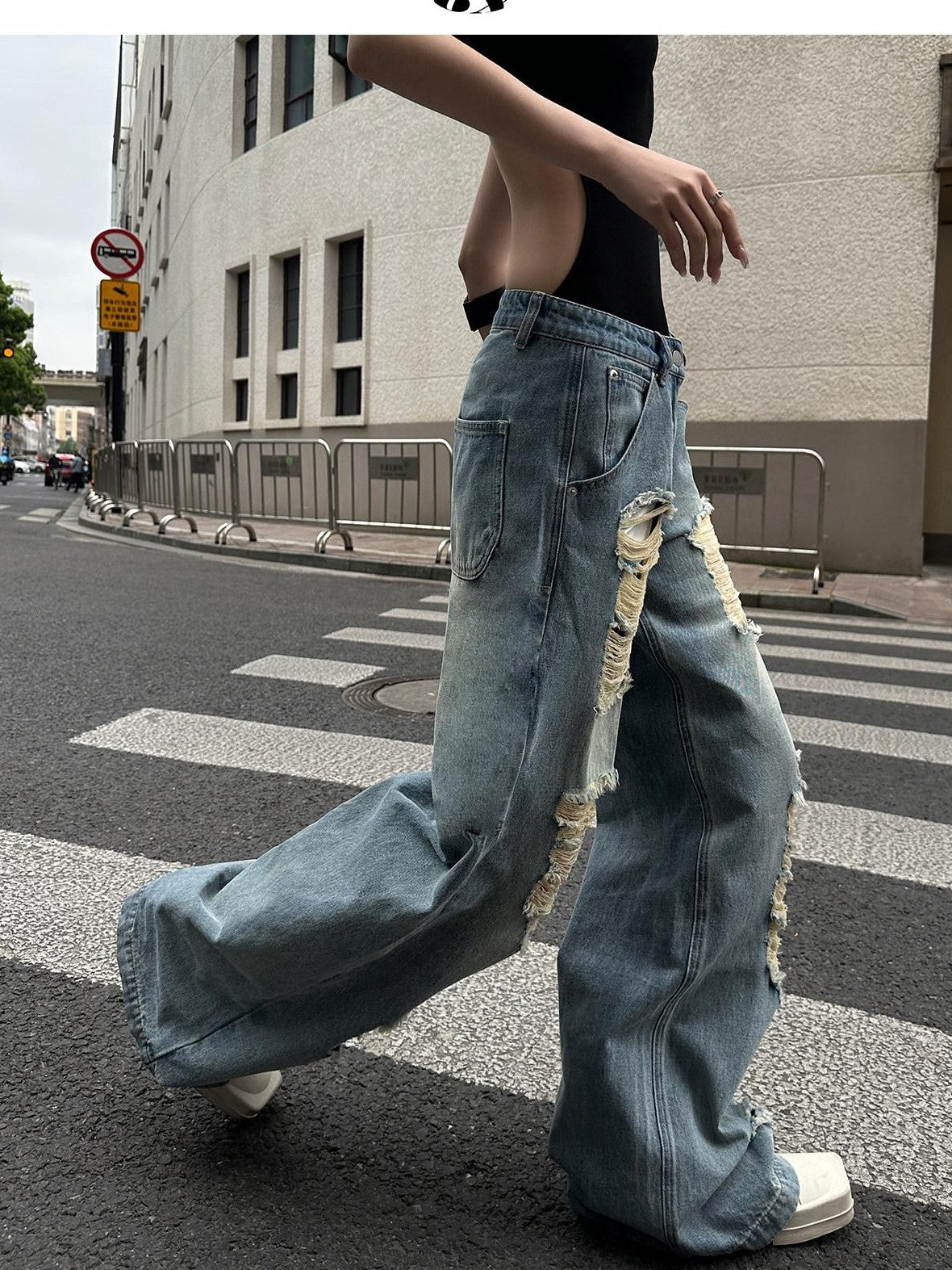 Fanptntox Light Wash Vintage Ripped High Waist Women's Denim Wide-leg Jeans