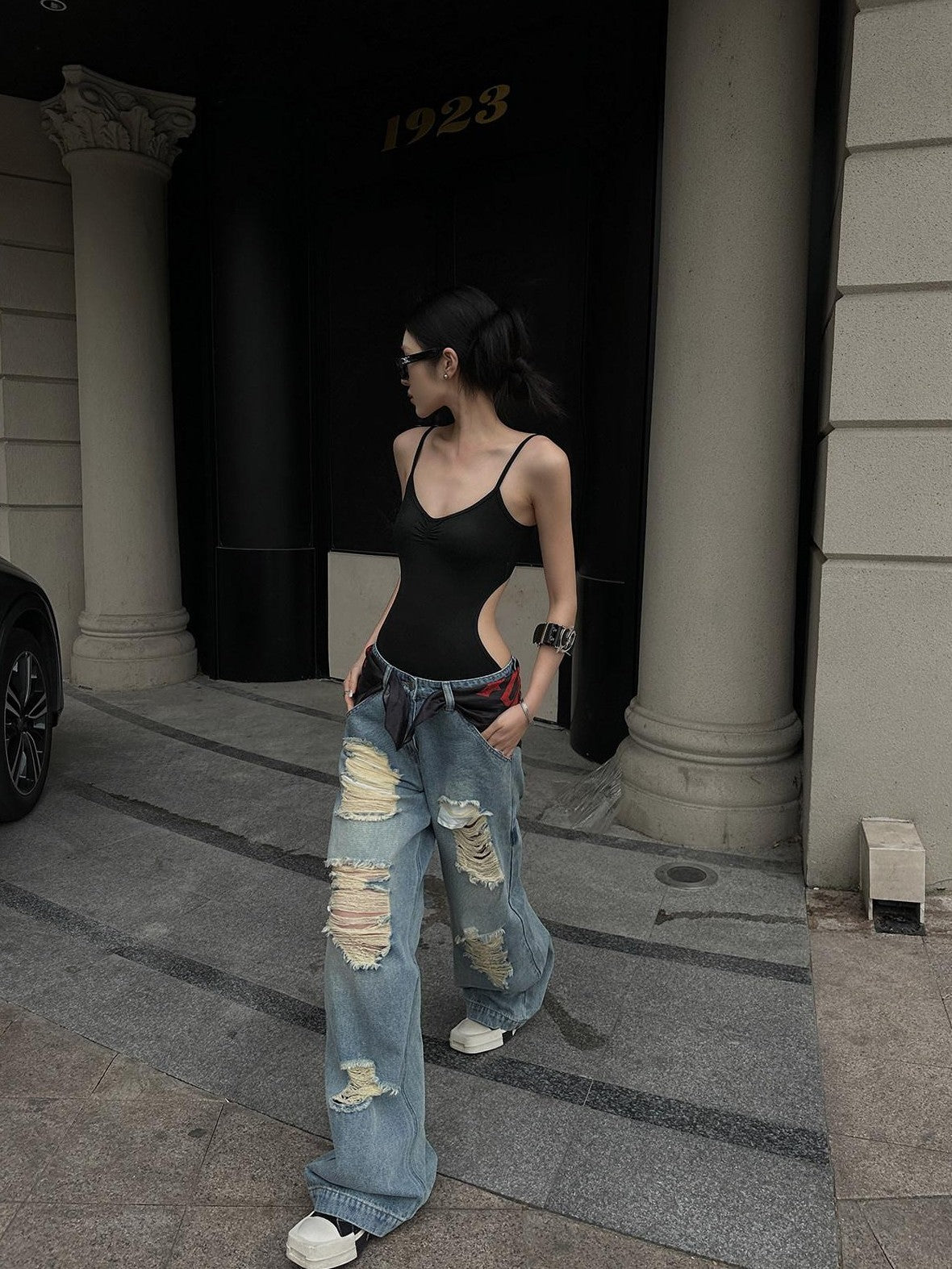 Fanptntox Light Wash Vintage Ripped High Waist Women's Denim Wide-leg Jeans