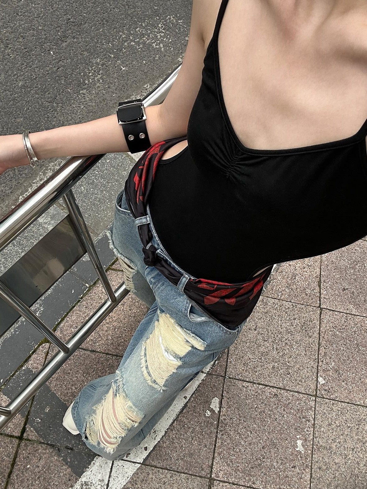 Fanptntox Light Wash Vintage Ripped High Waist Women's Denim Wide-leg Jeans