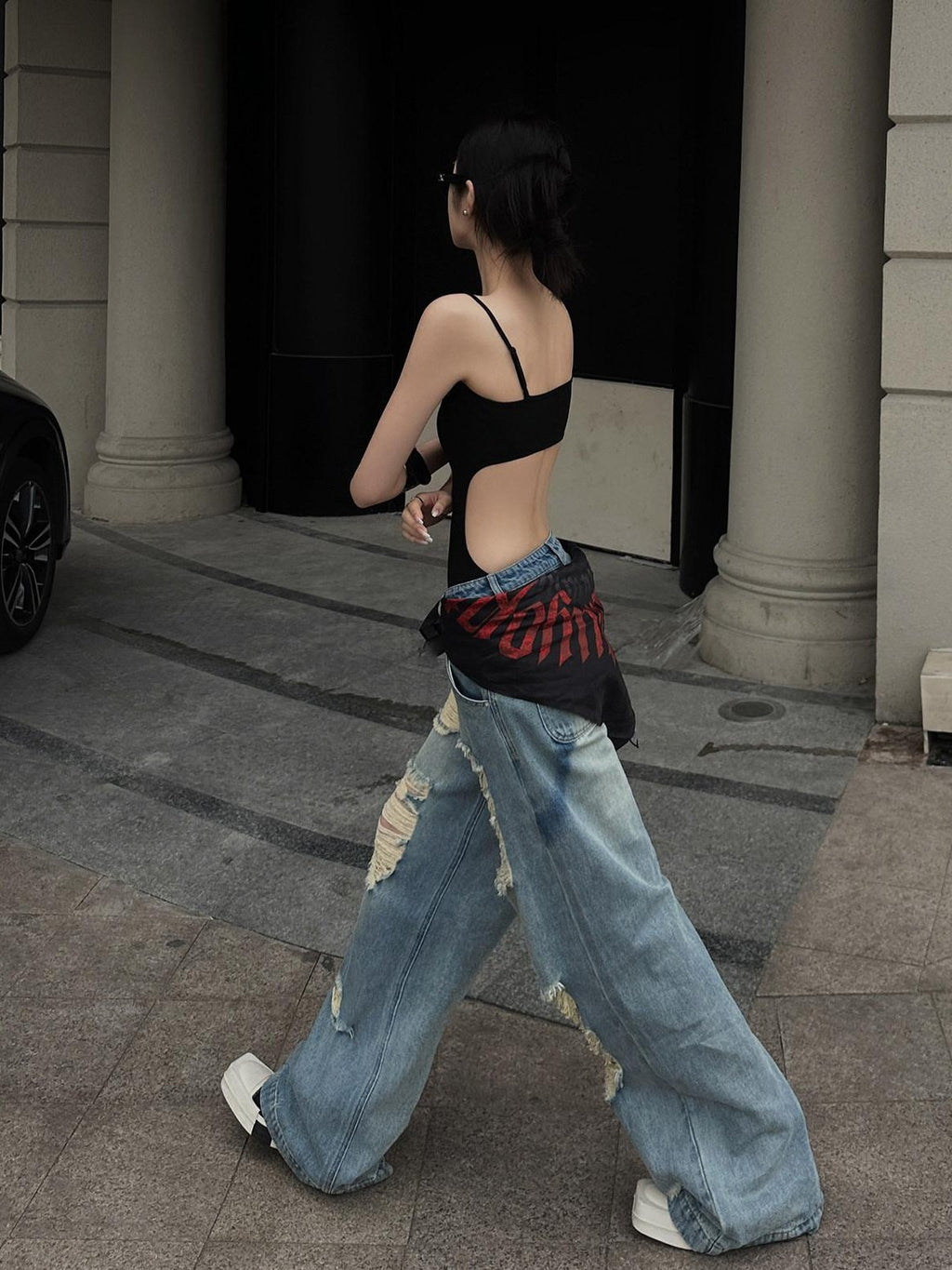 Fanptntox Light Wash Vintage Ripped High Waist Women's Denim Wide-leg Jeans