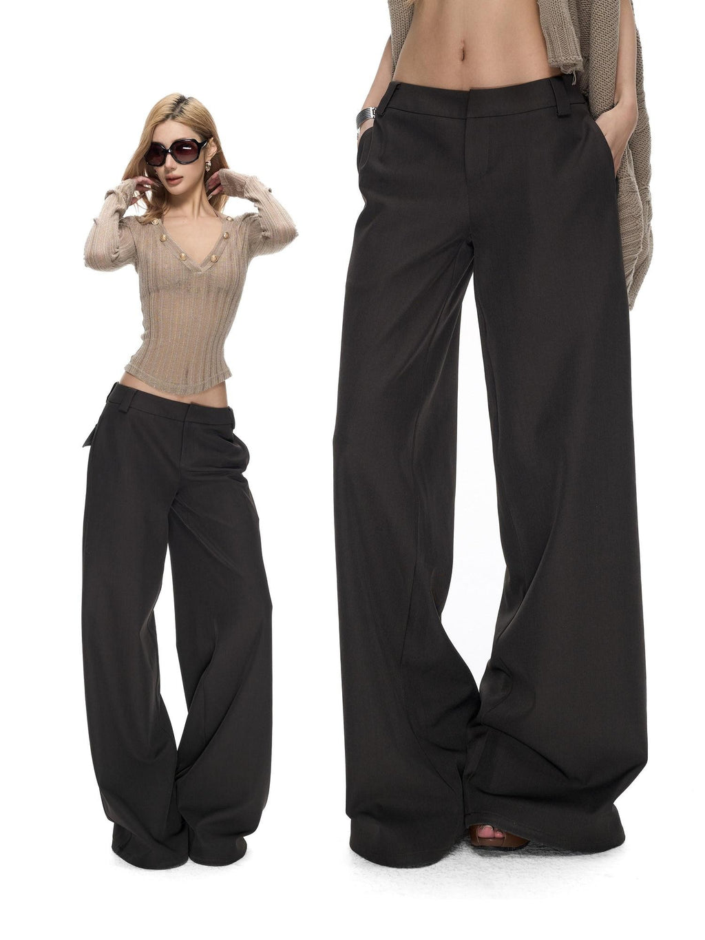 Linen Gray Low Waist Relaxed Straight Women's Wide-leg Pants