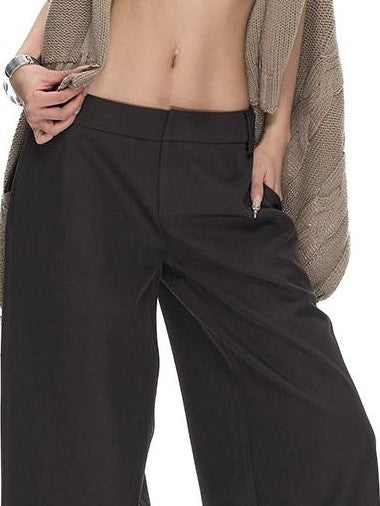 Fanptntox Linen Gray Low Waist Relaxed Straight Women's Wide-leg Pants