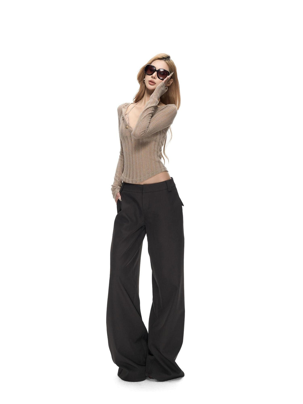 Linen Gray Low Waist Relaxed Straight Women's Wide-leg Pants