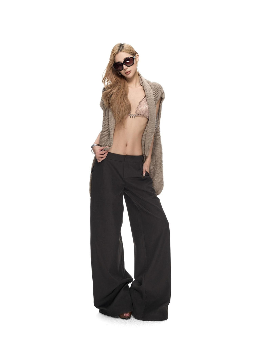 Linen Gray Low Waist Relaxed Straight Women's Wide-leg Pants