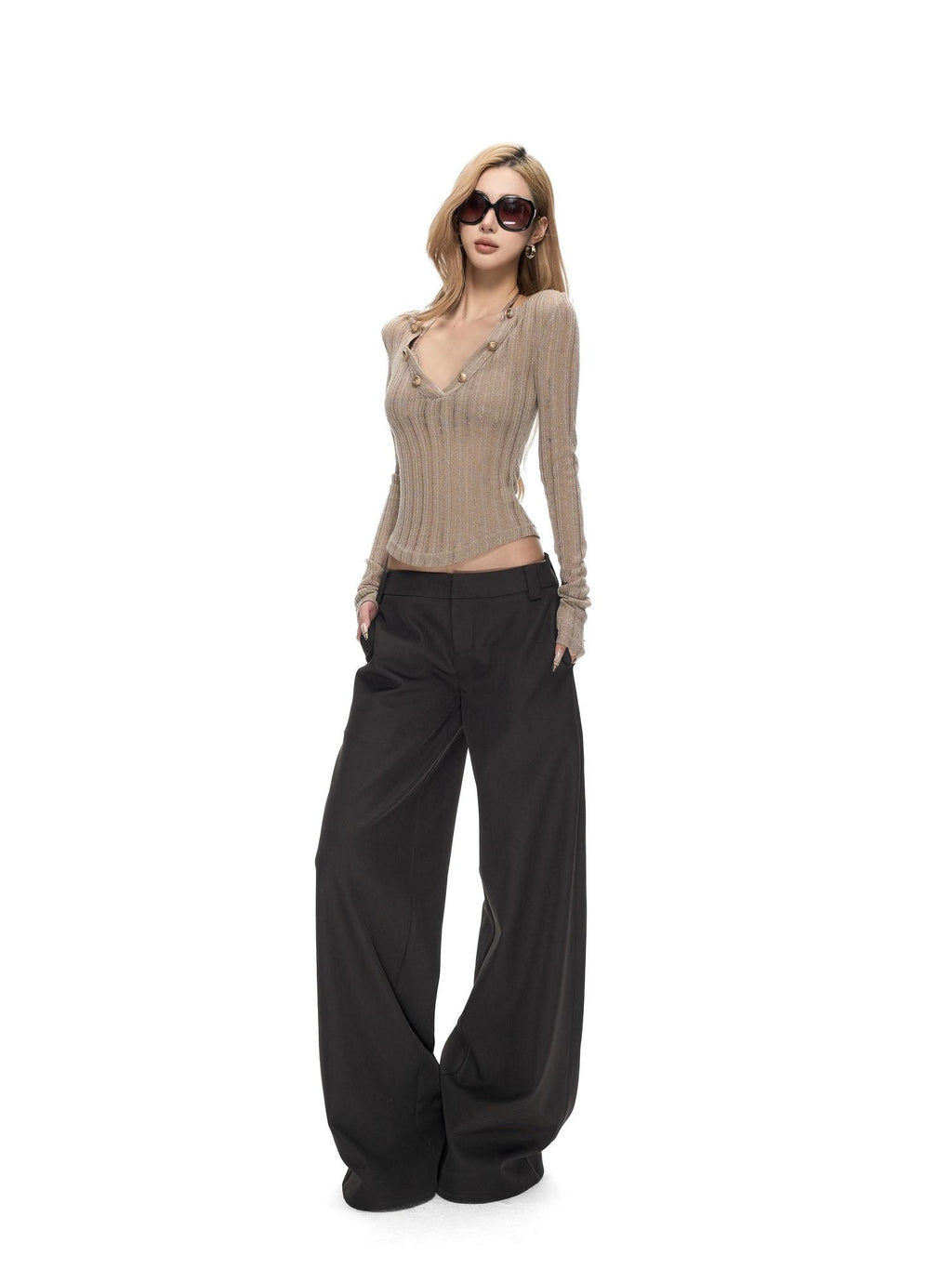 Linen Gray Low Waist Relaxed Straight Women's Wide-leg Pants