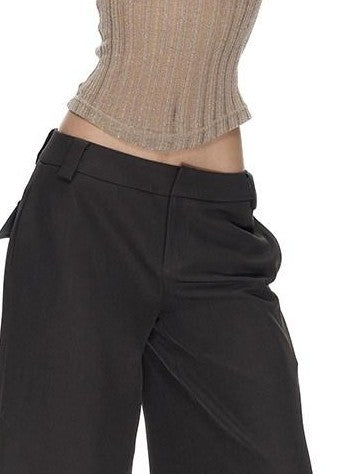 Linen Gray Low Waist Relaxed Straight Women's Wide-leg Pants