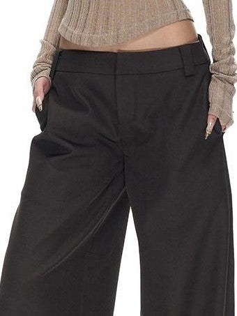 Linen Gray Low Waist Relaxed Straight Women's Wide-leg Pants