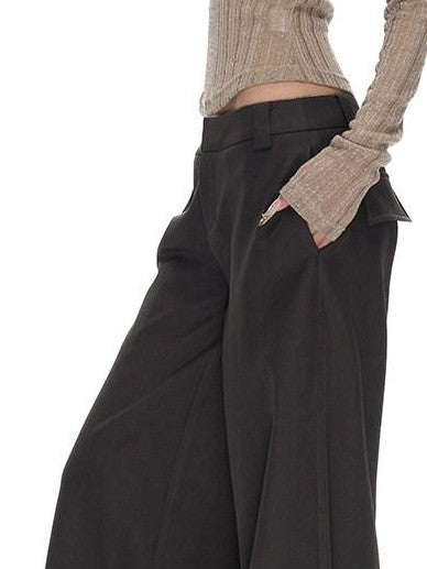 Linen Gray Low Waist Relaxed Straight Women's Wide-leg Pants