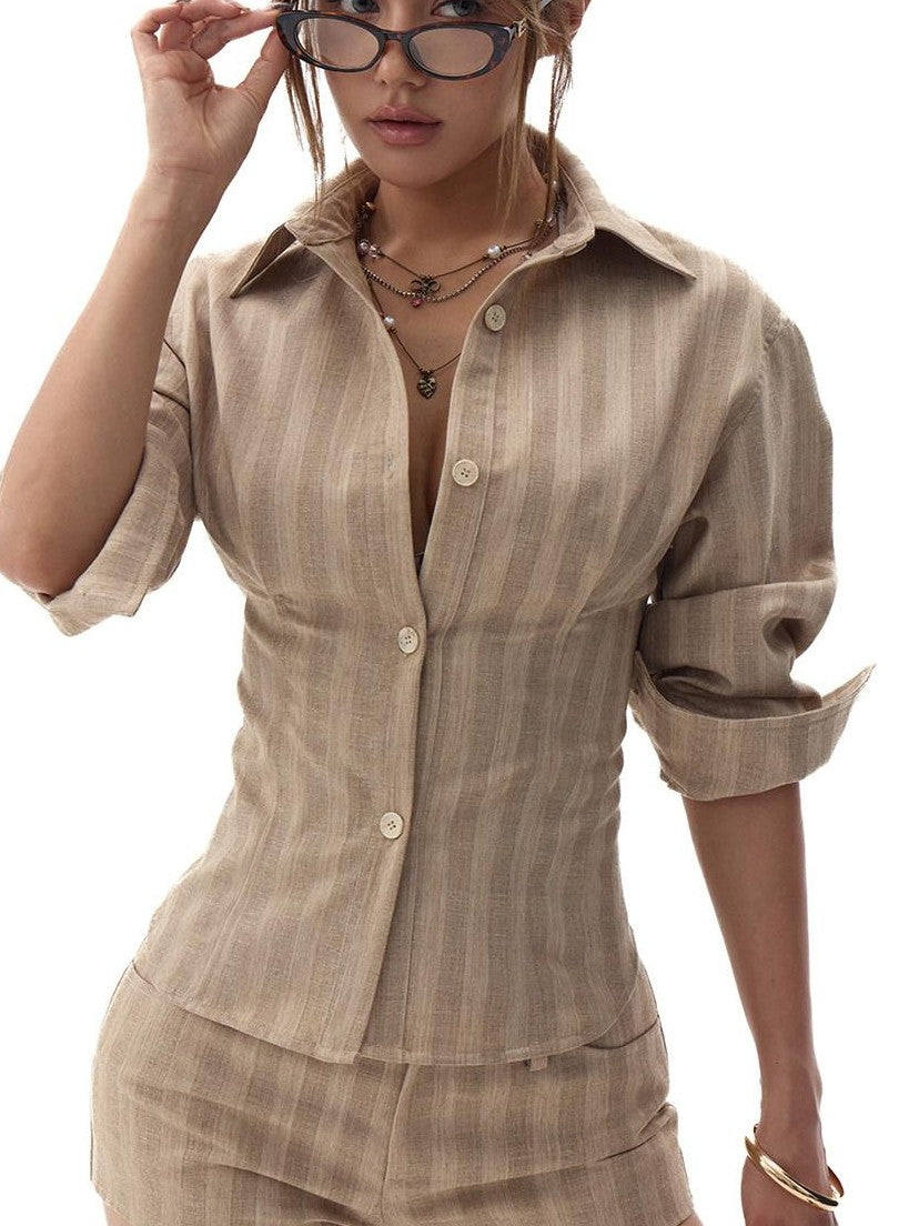Fanptntox Linen Look Striped Tie Waist Women's Polyester Casual Top & Shorts Sets