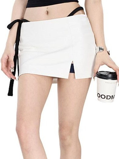Fanptntox Litchi Texture Side Slit Low Waist Slim Fit Women's Pu Mini Skirts