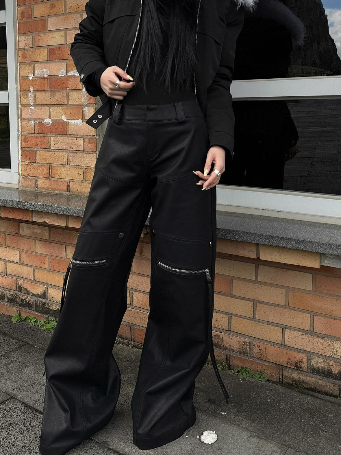 Fanptntox Long Leg Boxy Low Waist Zipper Fly Relaxed Women's Pu Leather Wide-leg Pants