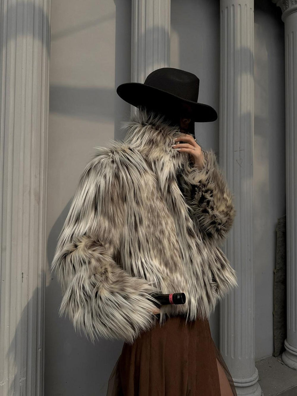 Fanptntox Long Pile Patterned Cropped Stand Collar Women's Thick Loose Faux Fur Coats