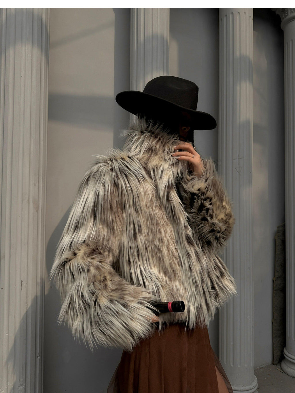 Fanptntox Long Pile Patterned Cropped Stand Collar Women's Thick Loose Faux Fur Coats