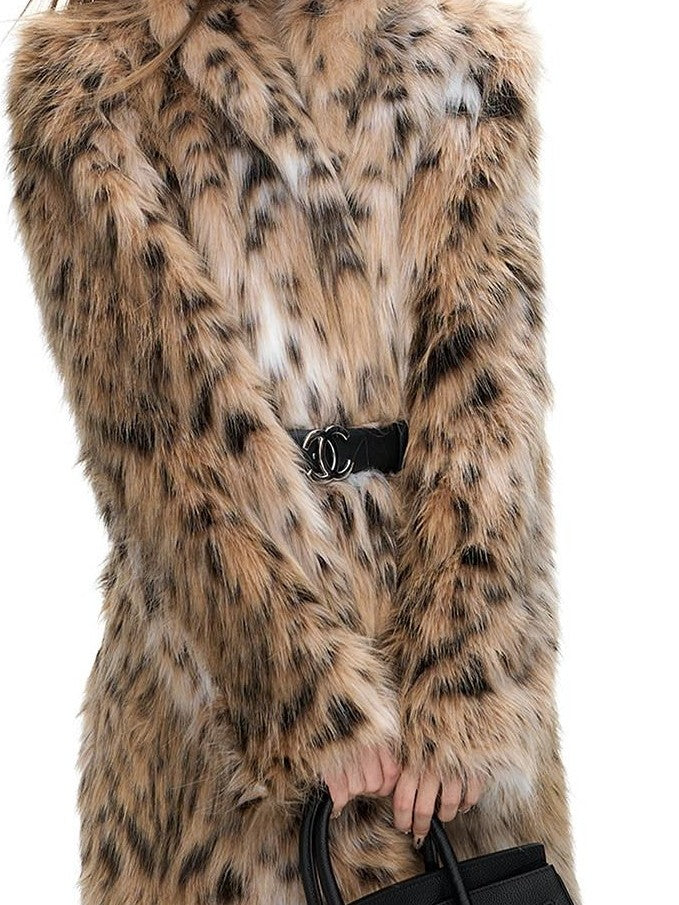 Fanptntox Long Plush Leopard Print Small Stand Collar Women's Acrylic Faux Fur Coats