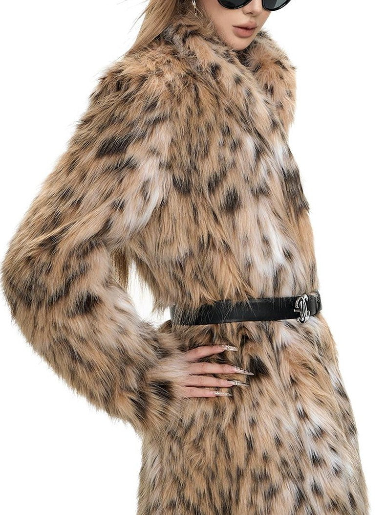 Fanptntox Long Plush Leopard Print Small Stand Collar Women's Acrylic Faux Fur Coats