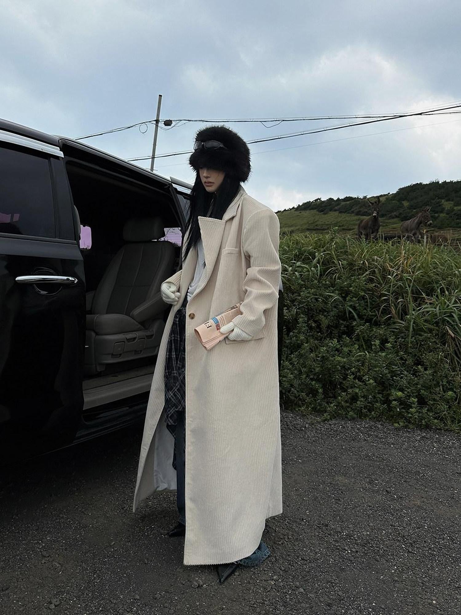 Fanptntox Long Straight Slimming Notched Lapel Women's Corduroy Beige Trench Coats