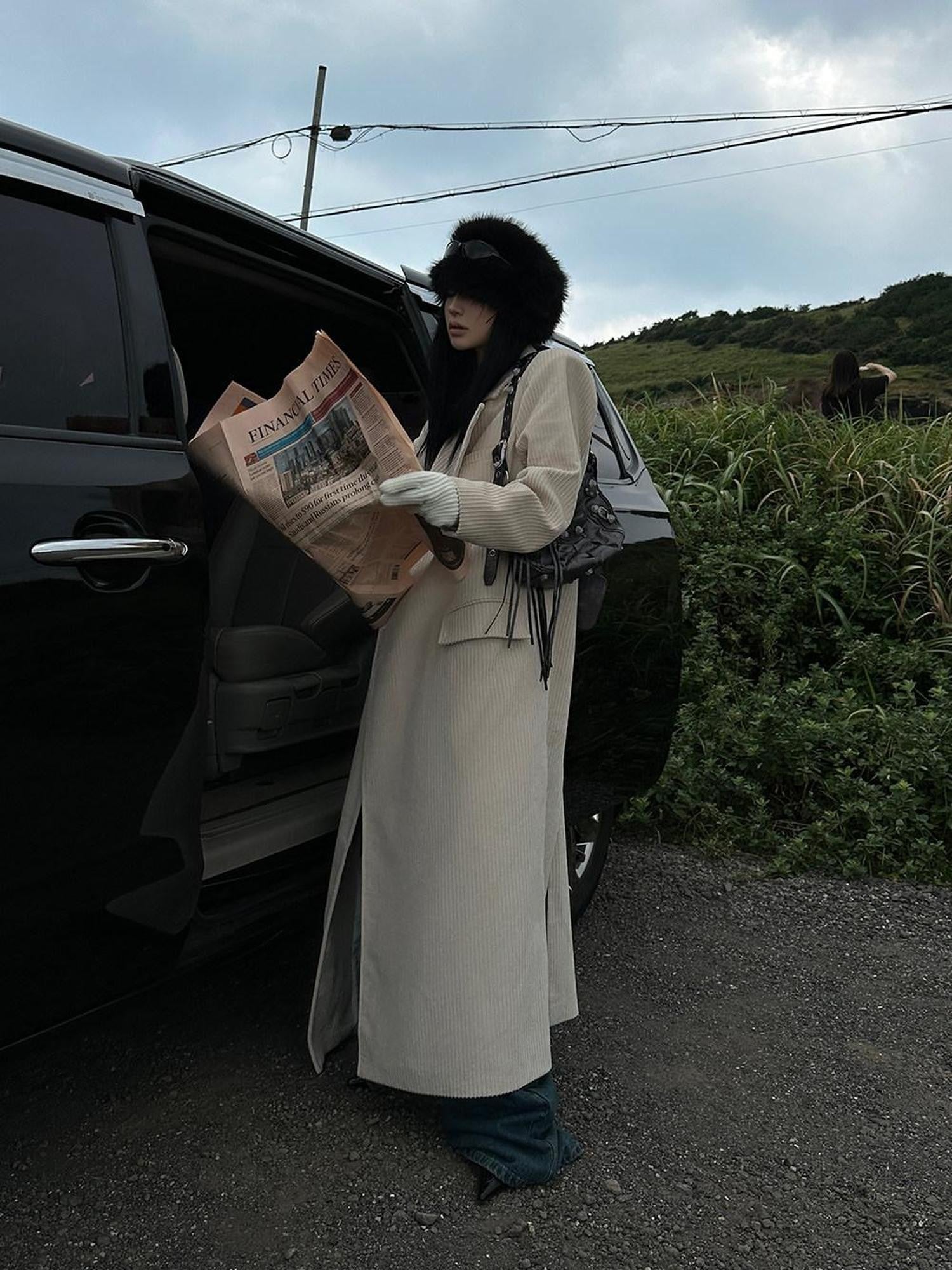 Fanptntox Long Straight Slimming Notched Lapel Women's Corduroy Beige Trench Coats