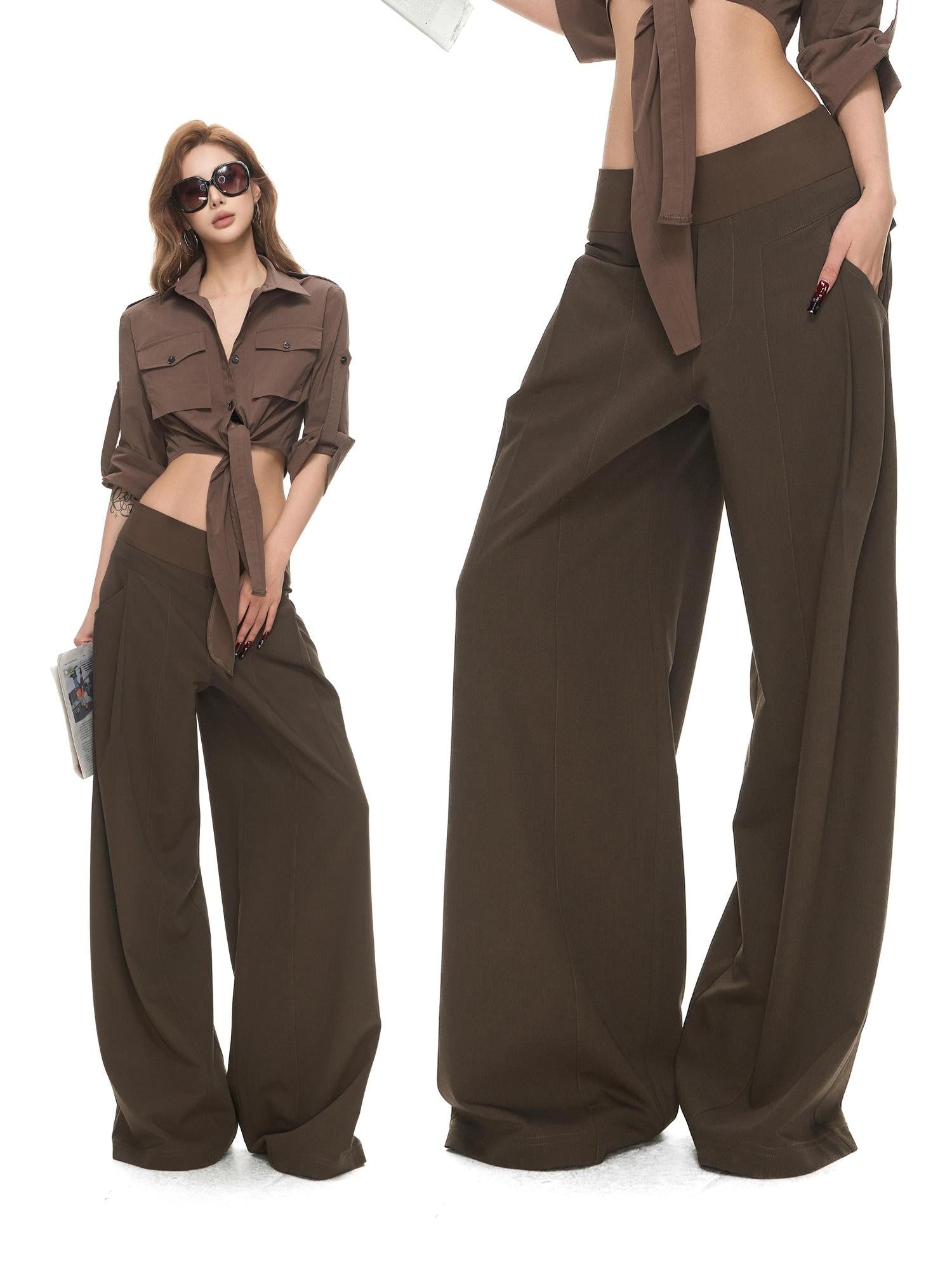 Fanptntox Low Rise Spliced Waist Drapey Wide Leg Women's Polyester Blend Tailored Pants