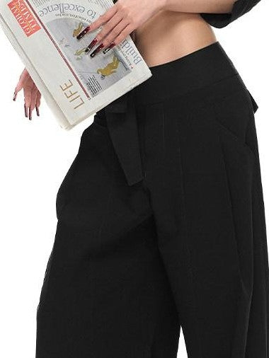 Fanptntox Low Rise Spliced Waist Drapey Wide Leg Women's Polyester Blend Tailored Pants