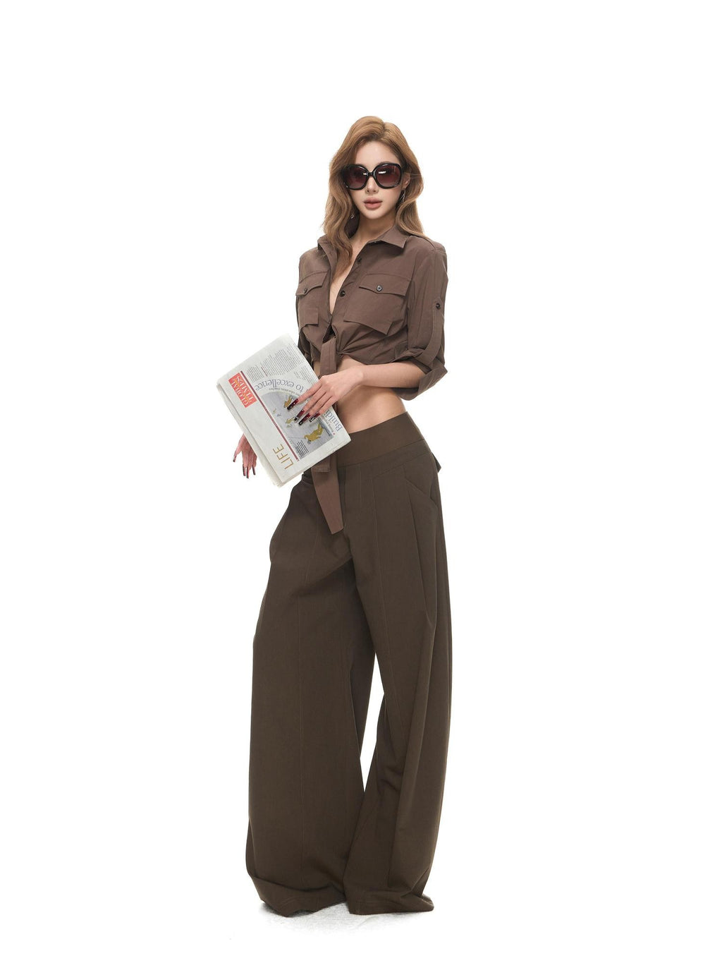 Fanptntox Low Rise Spliced Waist Drapey Wide Leg Women's Polyester Blend Tailored Pants