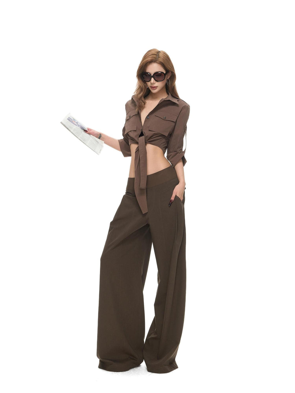 Fanptntox Low Rise Spliced Waist Drapey Wide Leg Women's Polyester Blend Tailored Pants