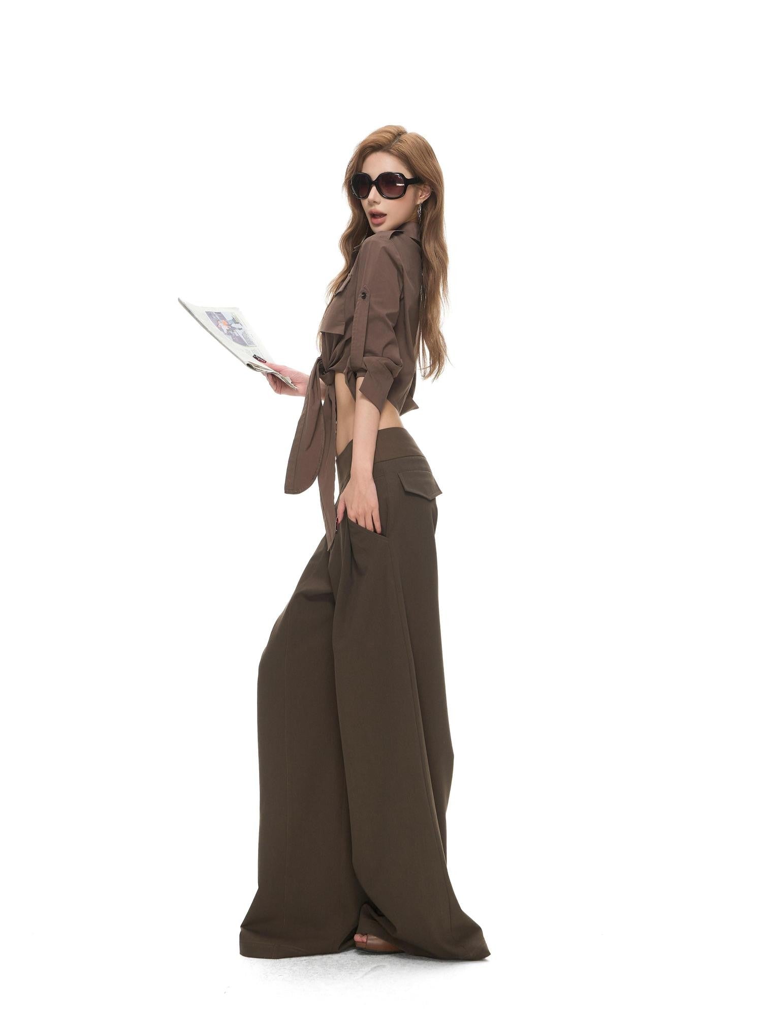 Fanptntox Low Rise Spliced Waist Drapey Wide Leg Women's Polyester Blend Tailored Pants