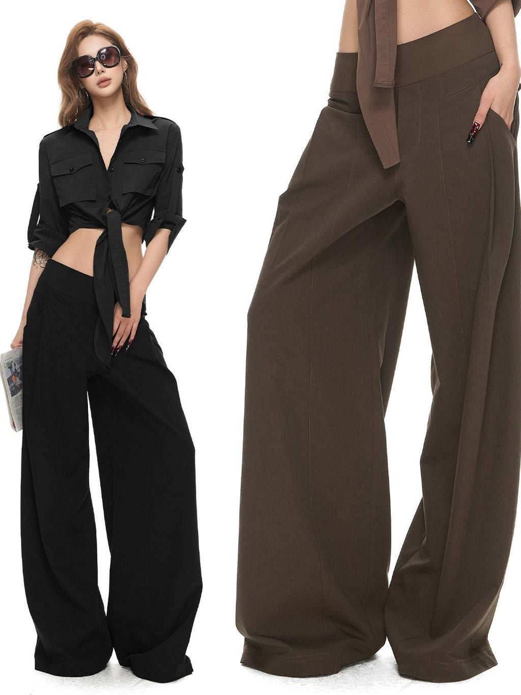 Fanptntox Low Rise Spliced Waist Drapey Wide Leg Women's Polyester Blend Tailored Pants