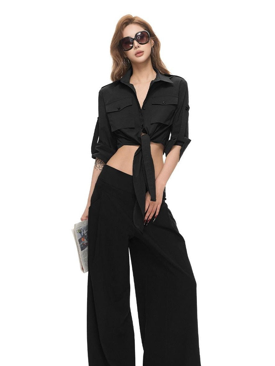 Fanptntox Low Rise Spliced Waist Drapey Wide Leg Women's Polyester Blend Tailored Pants