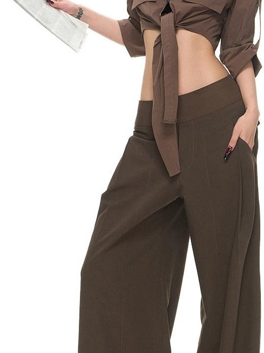 Fanptntox Low Rise Spliced Waist Drapey Wide Leg Women's Polyester Blend Tailored Pants