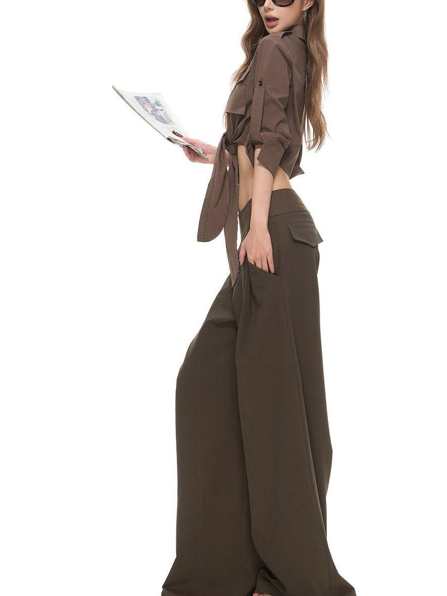 Fanptntox Low Rise Spliced Waist Drapey Wide Leg Women's Polyester Blend Tailored Pants