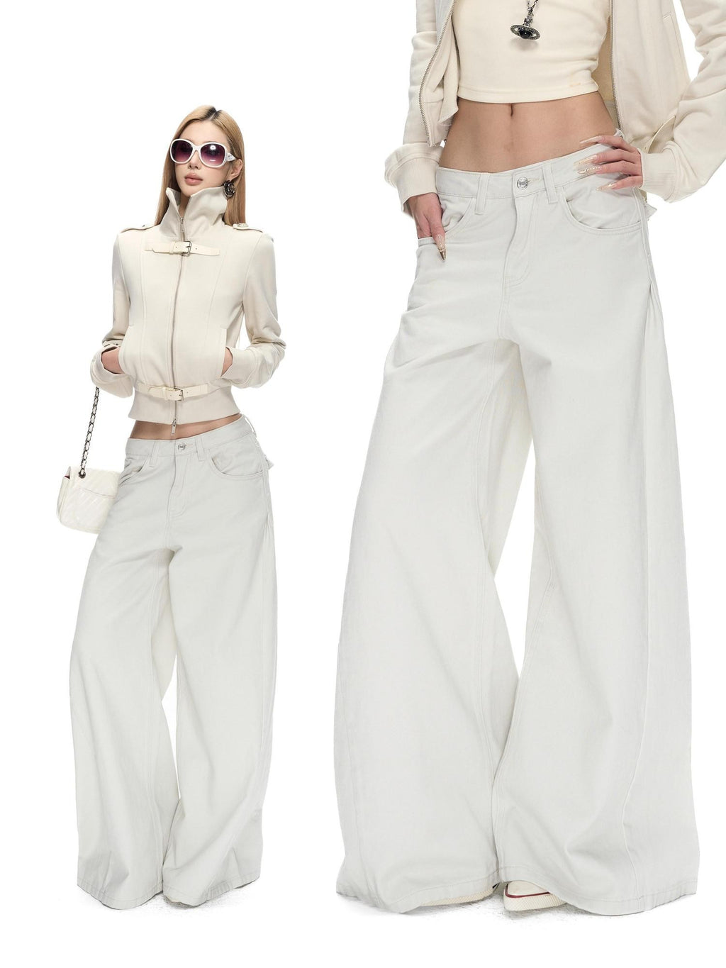 Fanptntox Low Rise Washed Grey White Loose No Stretch Women's Cotton Wide-leg Jeans