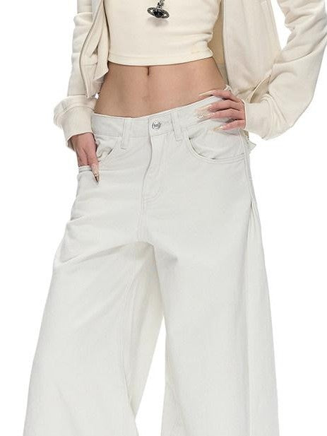 Fanptntox Low Rise Washed Grey White Loose No Stretch Women's Cotton Wide-leg Jeans
