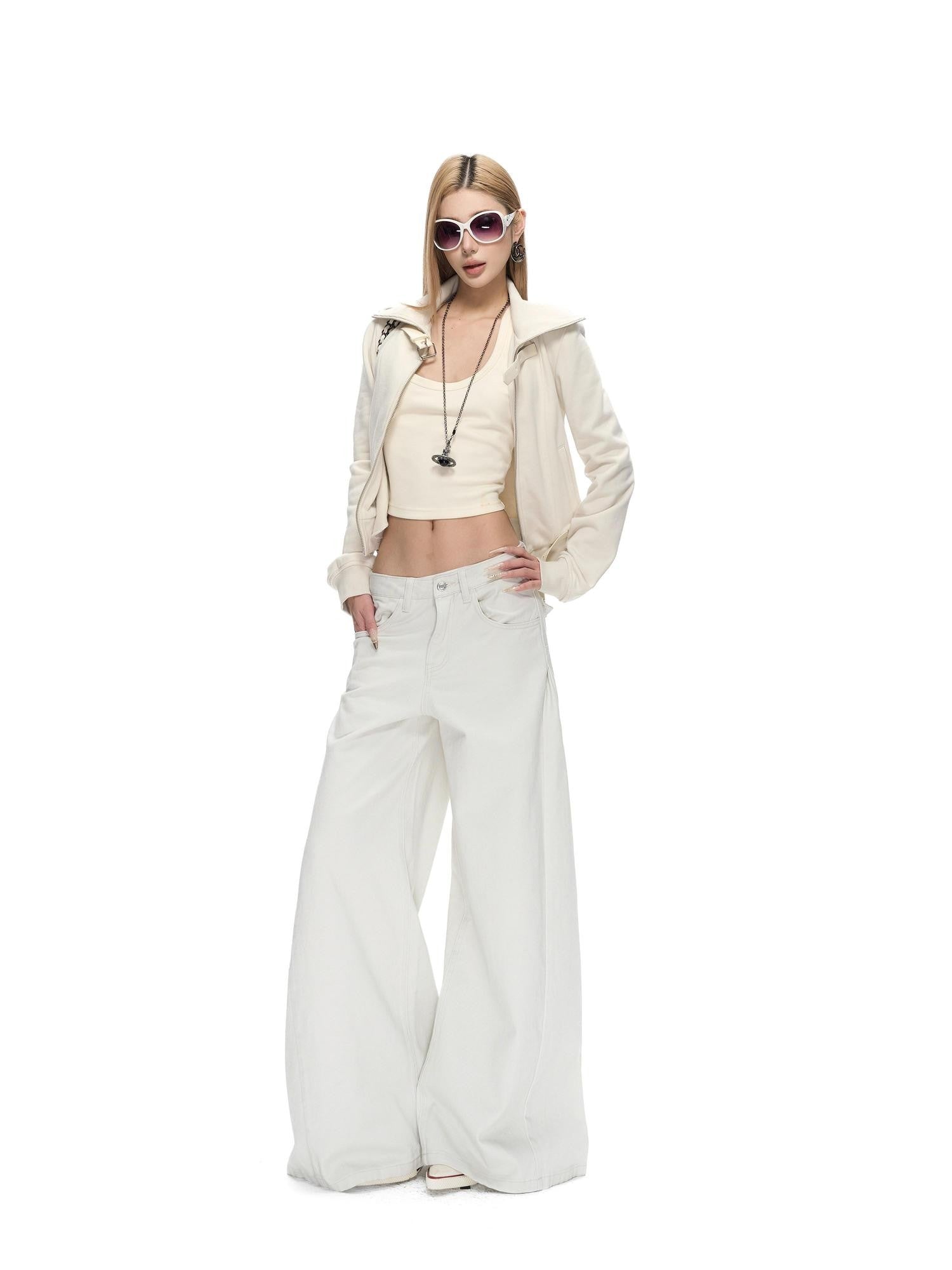 Fanptntox Low Rise Washed Grey White Loose No Stretch Women's Cotton Wide-leg Jeans