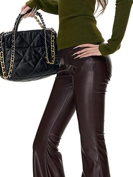 Fanptntox Low Waist Slim Stretch Flared Hip Hugging Women's Pu Leather Pants